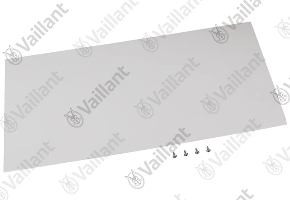 Weiße Verkleidung von Vaillant mit vier Schrauben, rechteckige Form, geeignet für einen spezifischen Anwendungshintergrund in der Heiztechnik.